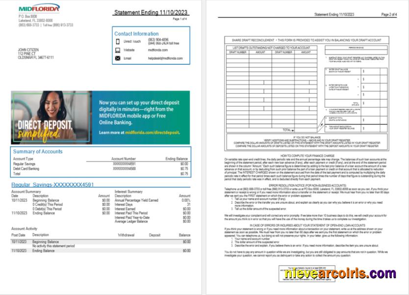 USA MidFlorida bank statement Word and PDF, 3 pages  1-2